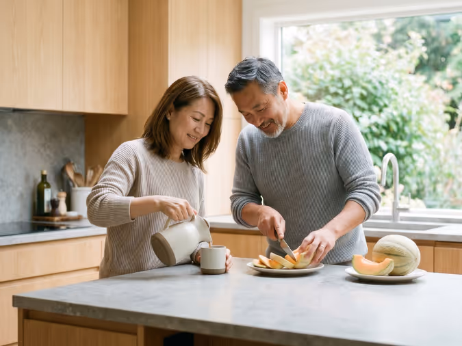 Couple wearing sweaters in a kitchen, woman pours drink while man slices cantaloupe on the counter.