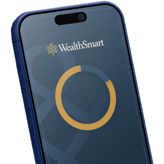 Smartphone screen showing WealthSmart logo above a gold and blue circular loading icon on a dark background.