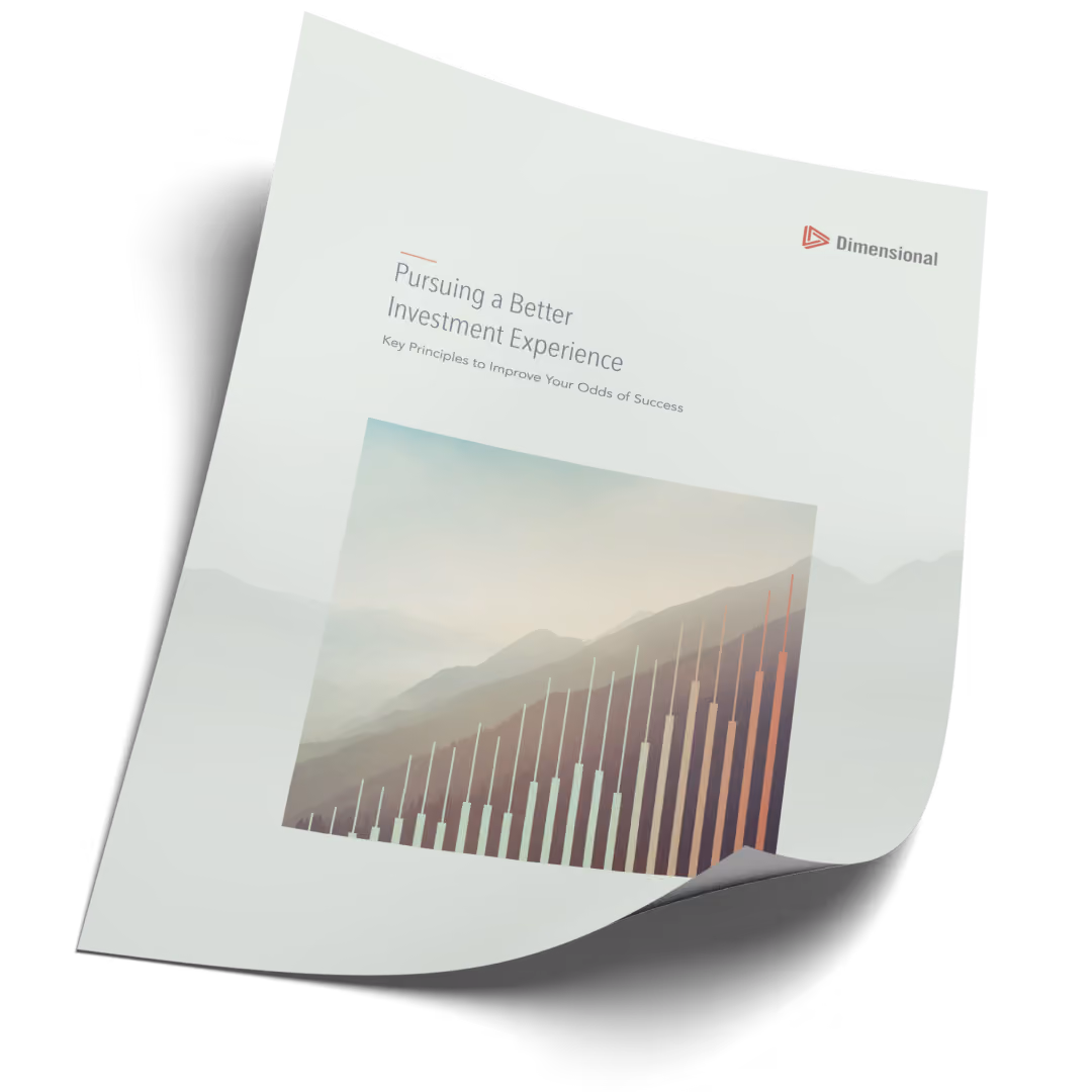 A tilted document page titled 'Pursuing a Better Investment Experience' with the subtitle 'Key Principles to Improve Your Odds of Success,' featuring a Dimensional logo and a photo of mountains overlaid with ascending bar chart lines.