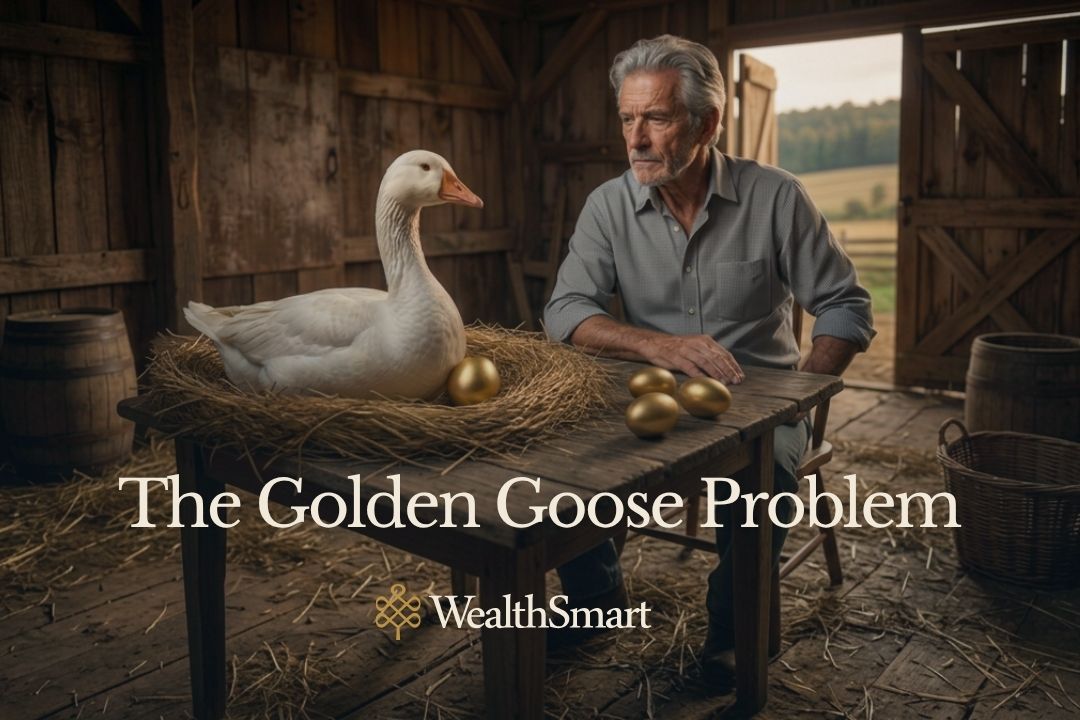 Business owner sitting at a barn table, watching a goose nesting with golden eggs — illustrating the Golden Goose Problem for business exit planning