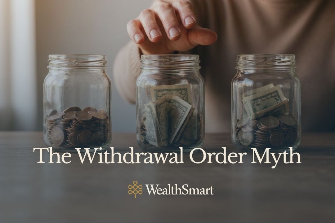 A hand hovers above three glass jars of coins and folded cash on a table, representing the choice of which retirement account to draw from first