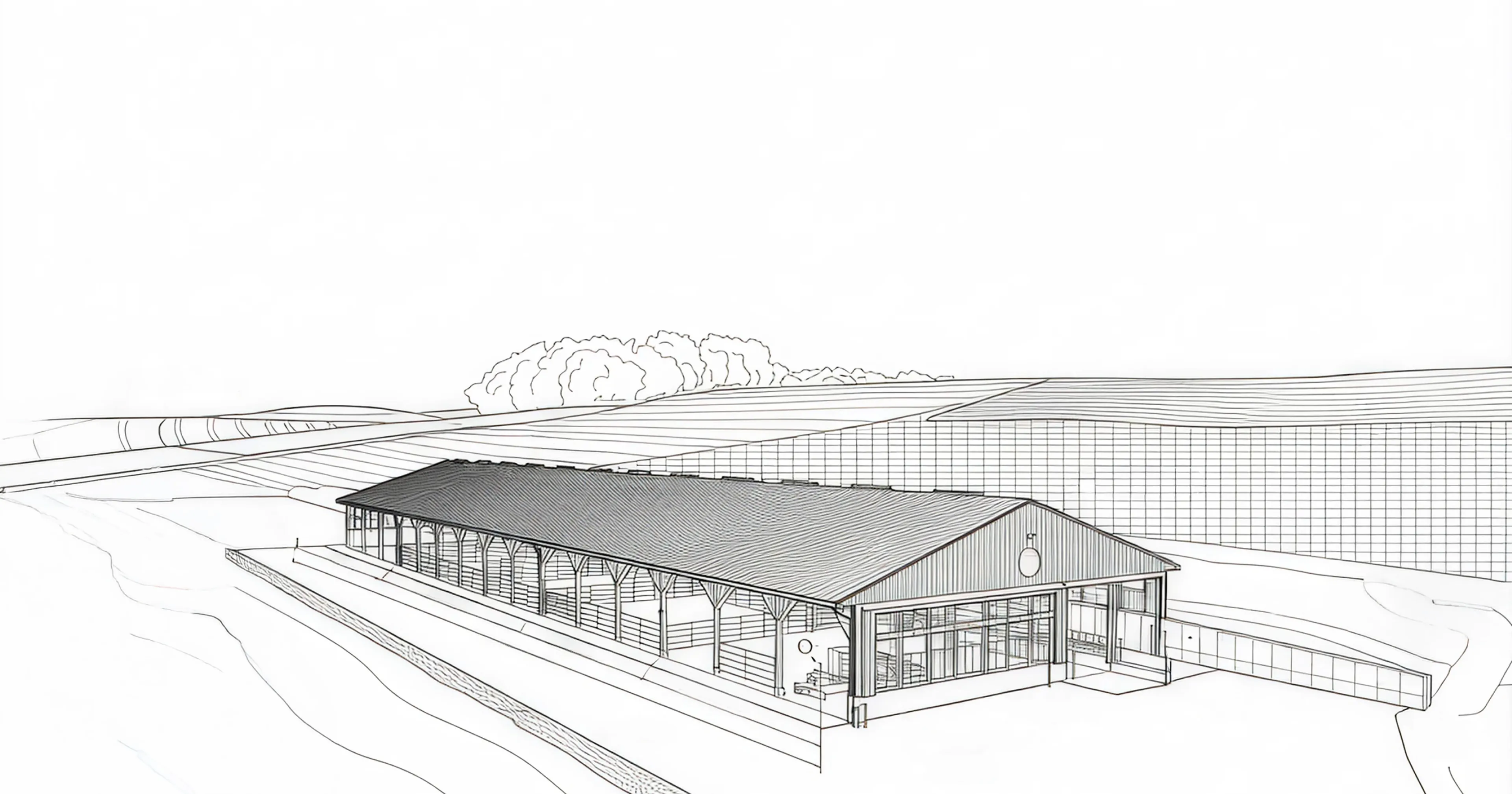 Line drawing of a rectangular barn-like building with a pitched roof, set in a rural landscape with rolling hills and trees in the background.