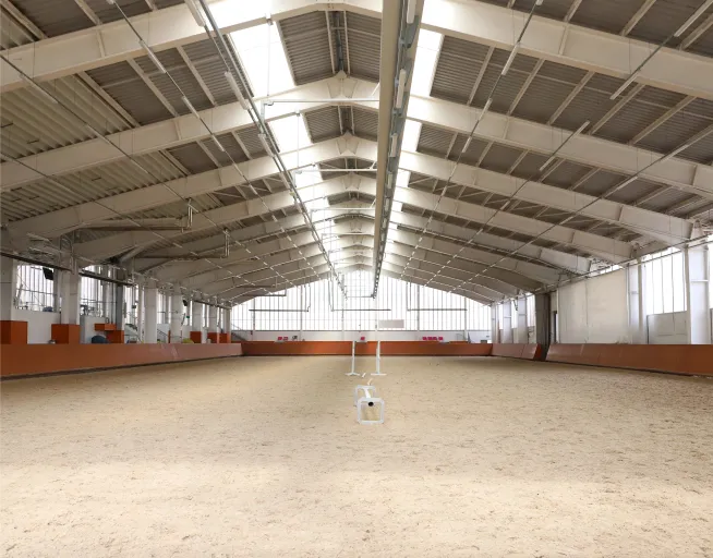 Spacious indoor riding arena with sand floor, high ceiling, and natural light coming through large windows along the walls.