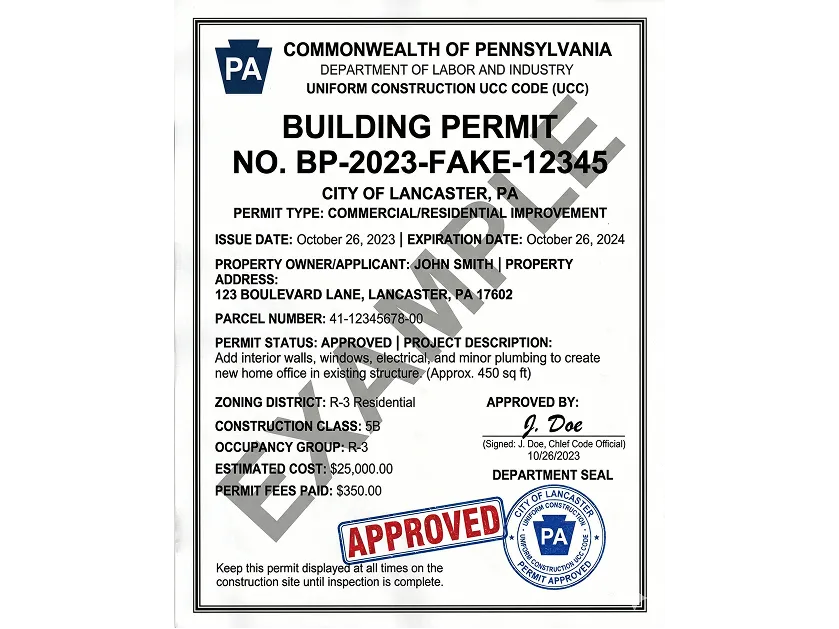 A Pennsylvania building permit example.