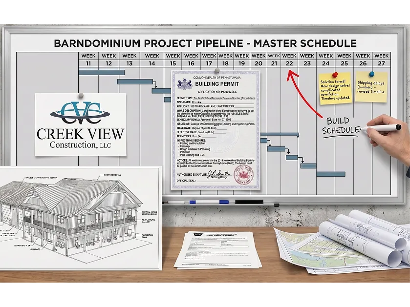 Whiteboard displaying a barndominium project schedule with a building permit, sketches, documents, and blueprints on the table.
