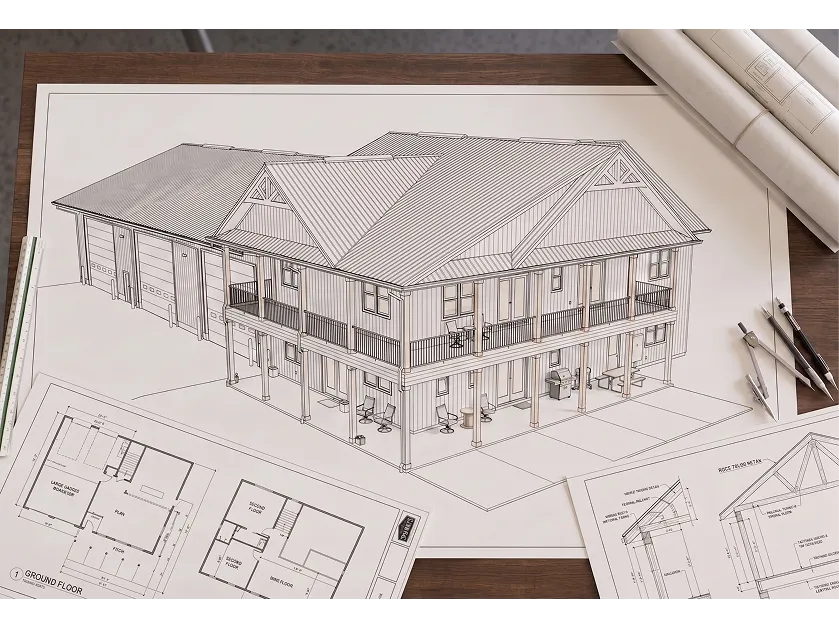 Architectural drawing of a two-story building with detailed exterior perspective, floor plans, and drafting tools on a table.