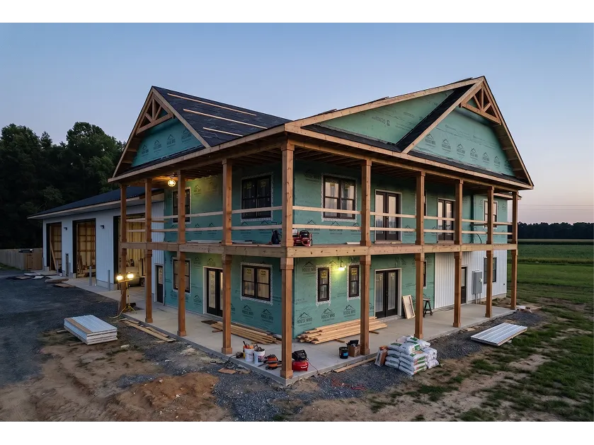 A two-story house under construction features exposed wooden framing, green sheathing, and an unfinished roof.