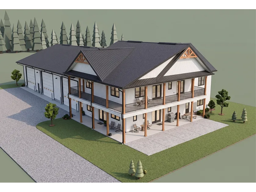 A two-story modern barn-style building with a covered porch, multiple garage bays, and outdoor seating.