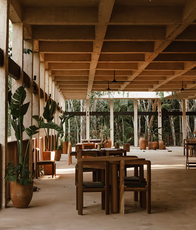 Server in motion carrying a tray in the minimalist dining room of La Valise Mazunte Hotel restaurant in Mexico.