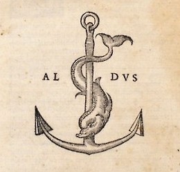 Marca tipográfica de Aldus Manutius: um golfinho enrolado numa âncora, ladeado pelas letras AL DVS, em xilogravura original