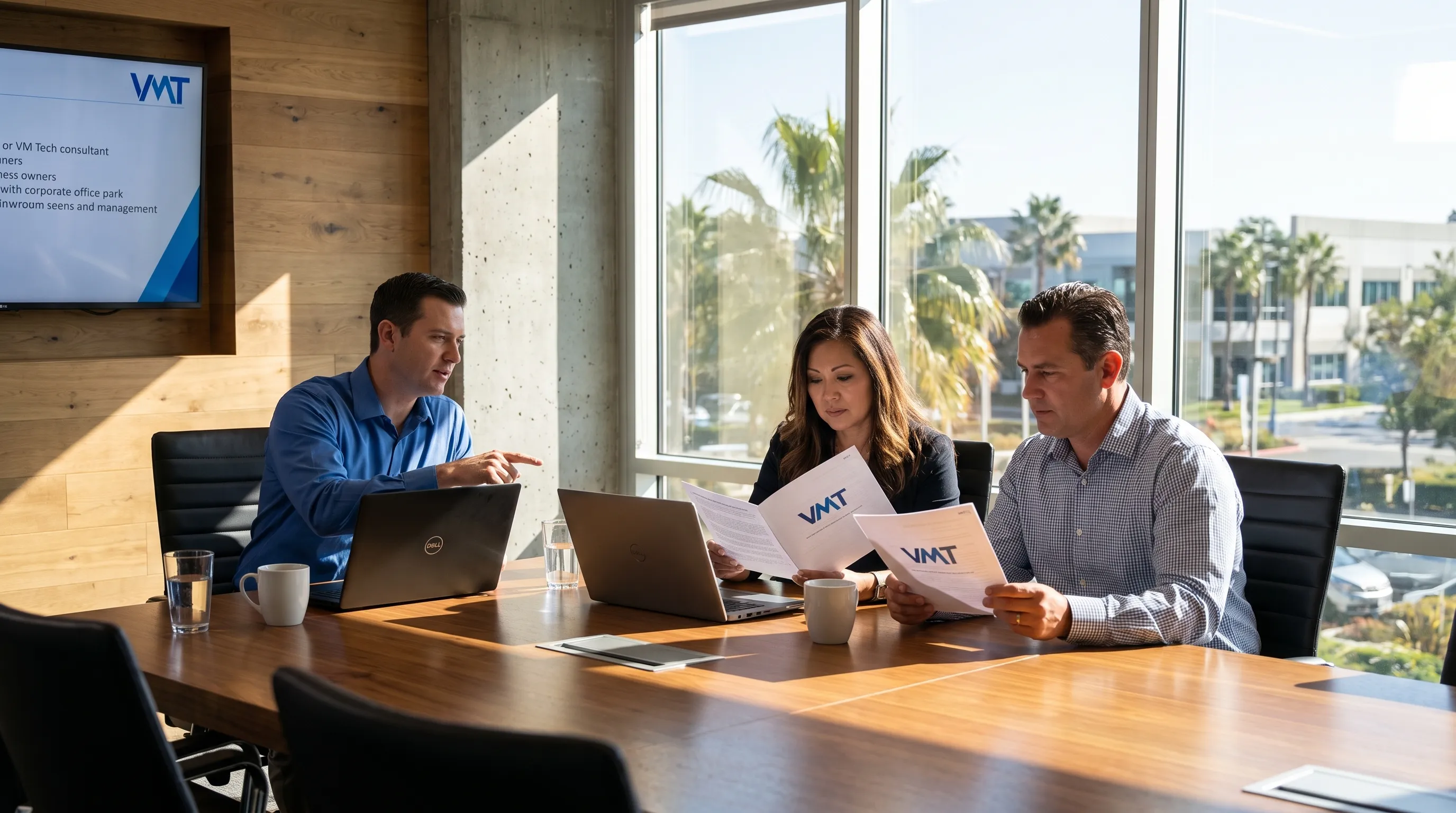 A modern Southern California office conference room with business owners and a VM Tech consultant reviewing IT policy documents on laptops, with natural daylight and a clean professional setting.