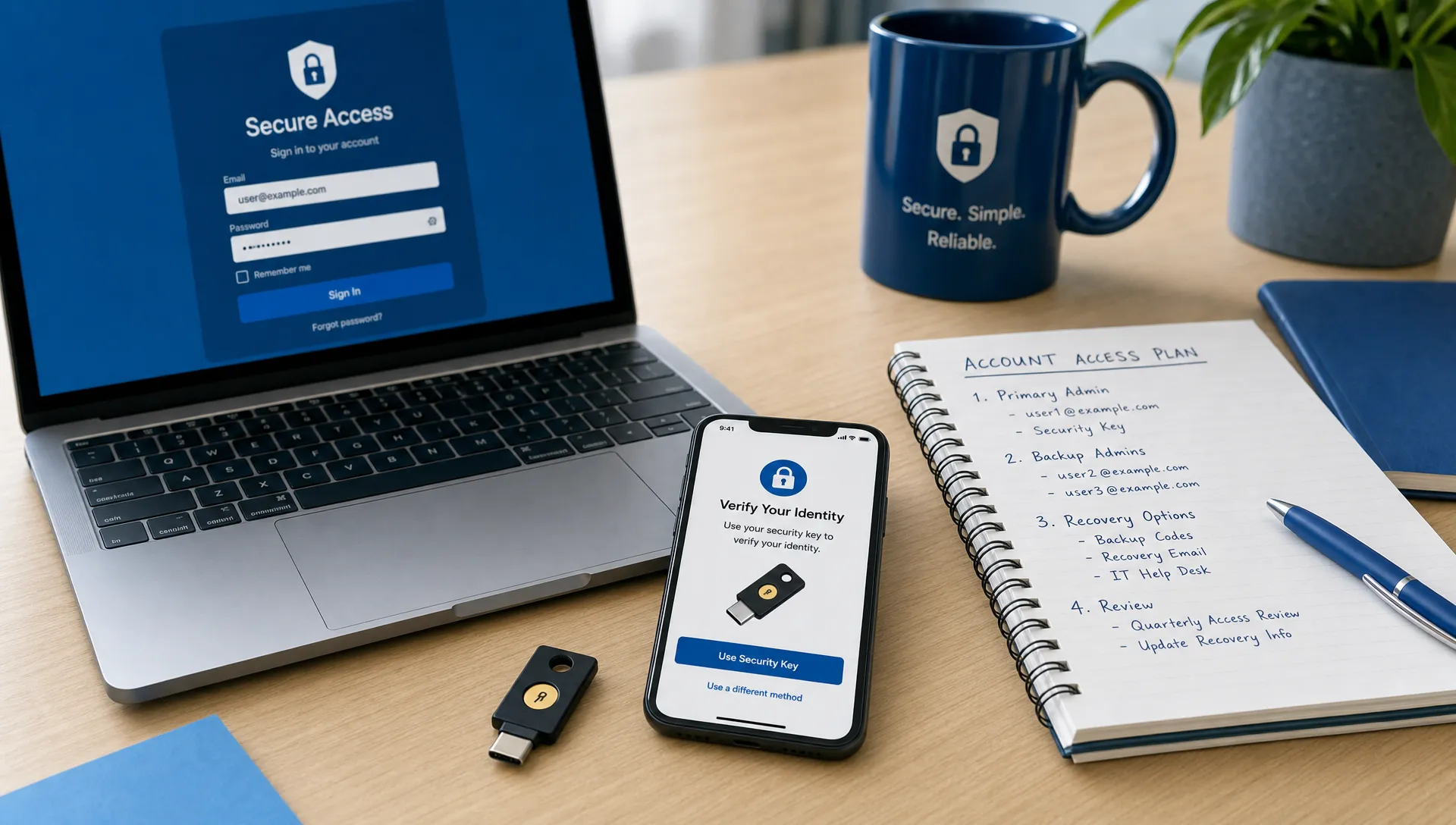A small business office desk with a laptop, a smartphone showing a verification prompt, a hardware security key, and a notebook with an account access plan.