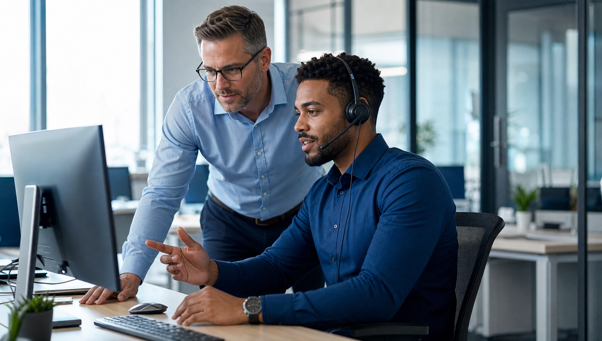 A Southern California office team in a bright conference room with an IT consultant reviewing network equipment and discussing technology planning with business leaders.