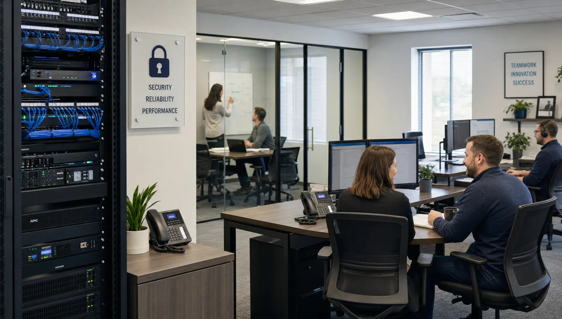 A modern small business office with organized network equipment, secure workstations, and employees collaborating comfortably in a clean, productive workspace.