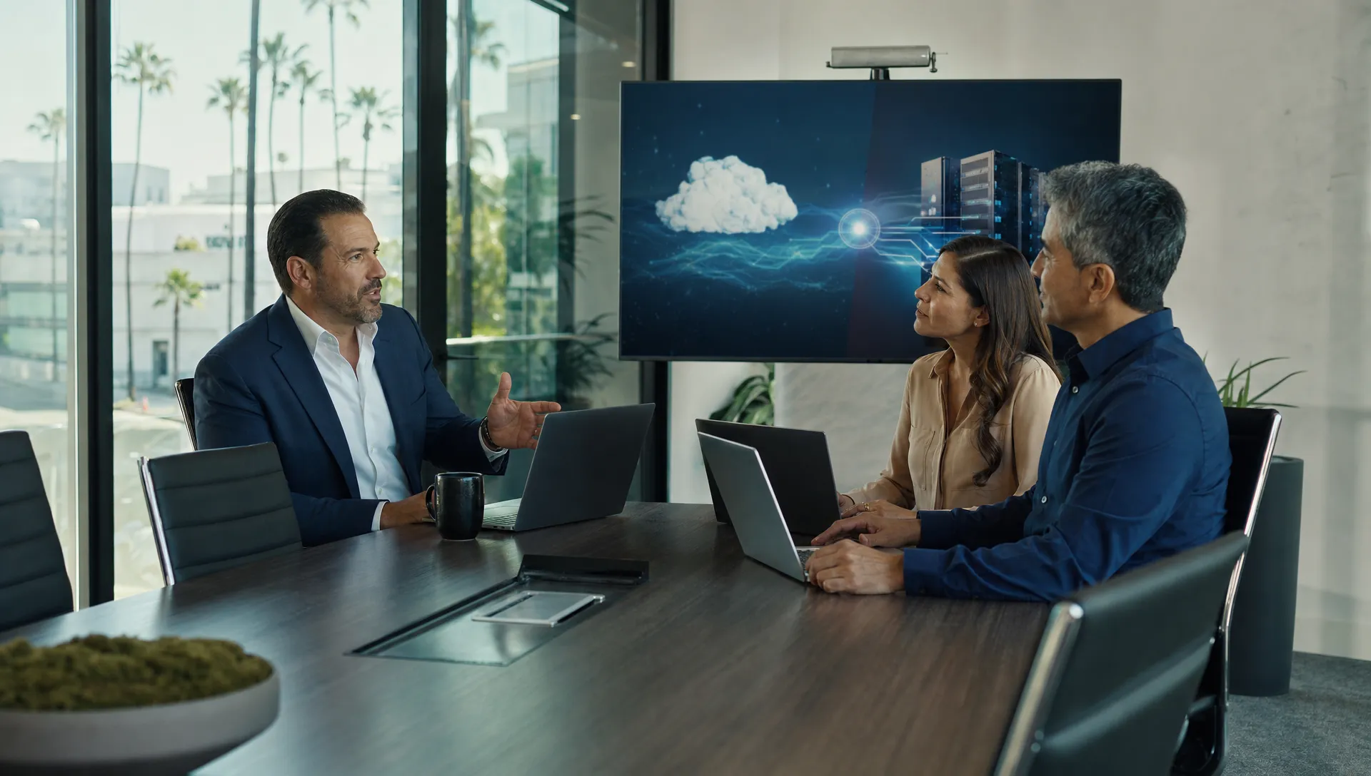 A Southern California business owner, office manager, and IT consultant reviewing cloud and local server options in a modern conference room with a large table, open laptops facing the people using them, and no readable text visible on the screens.