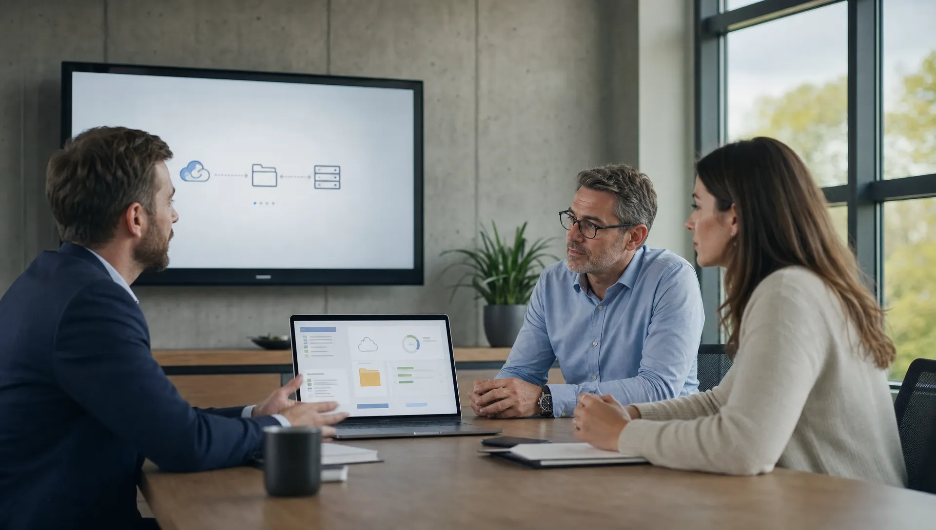 A business owner and office manager reviewing a backup recovery plan with an IT consultant in a modern conference room. A laptop screen faces the people and shows a simple file recovery dashboard without readable text. The room has natural light and a calm professional atmosphere.