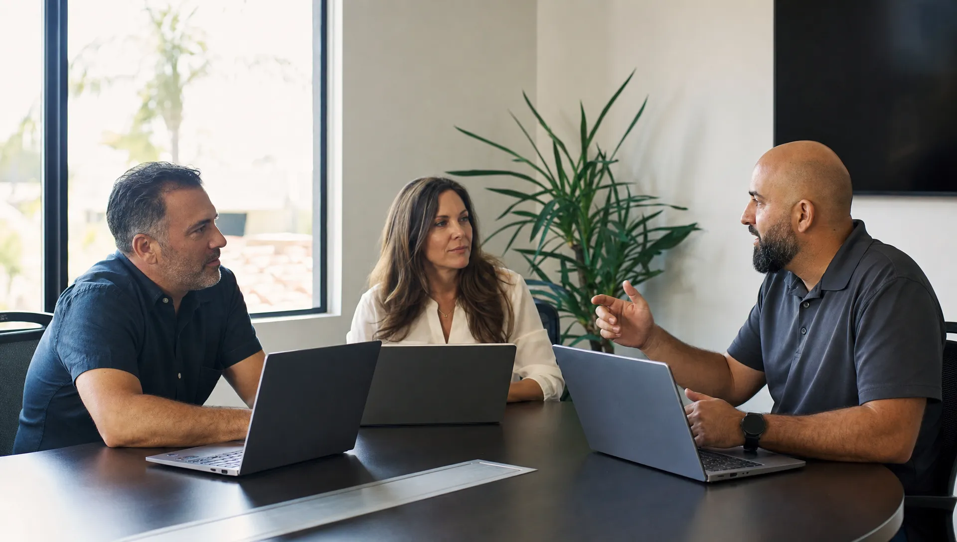 Small business owners and a VM Tech consultant reviewing Microsoft 365 backup planning in a clean Southern California conference room with natural daylight, laptops facing the people using them, and a professional office setting