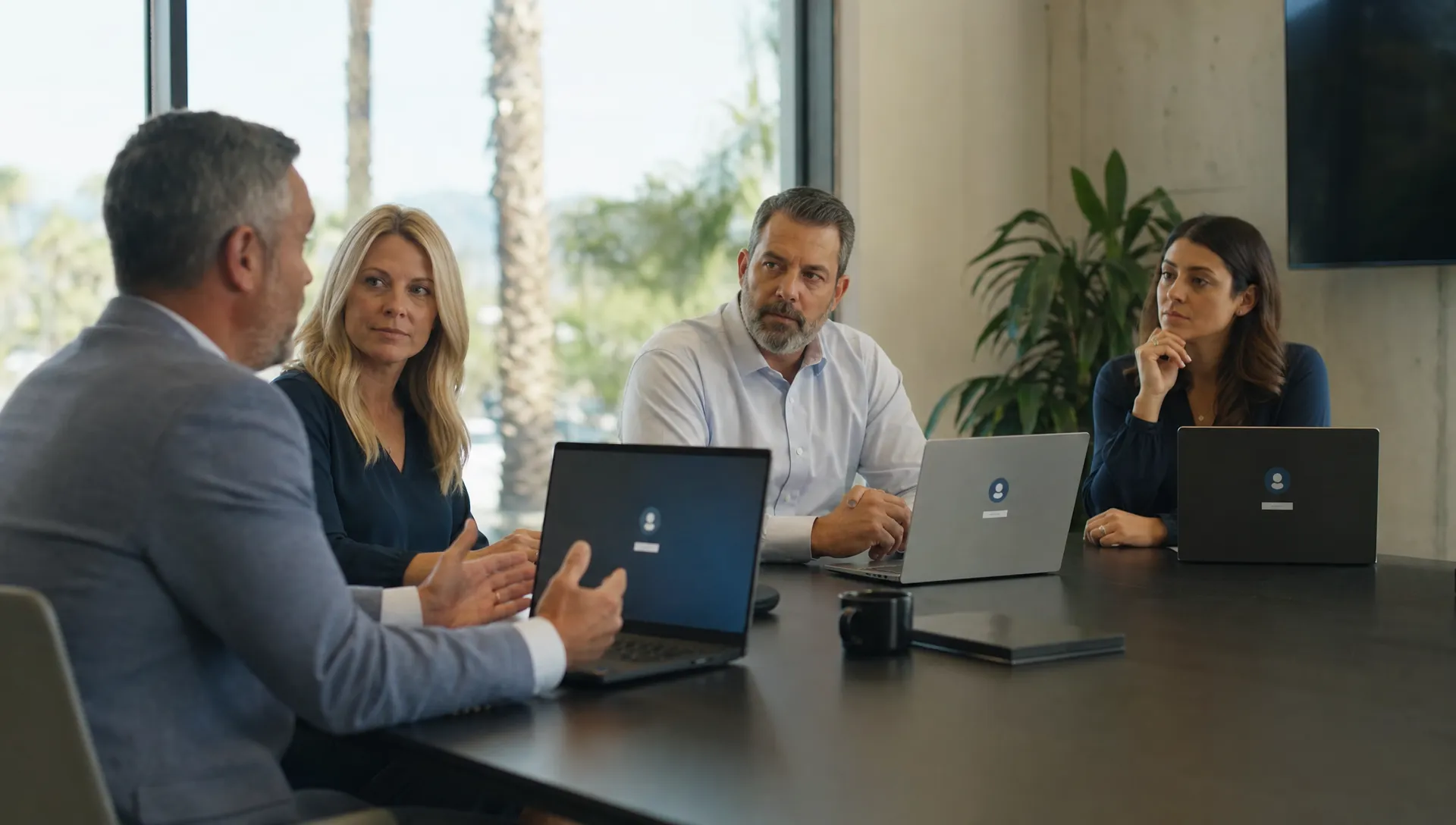 A Southern California business leadership team reviews access settings with an IT consultant in a conference room, with laptops facing the group and generic login screens.