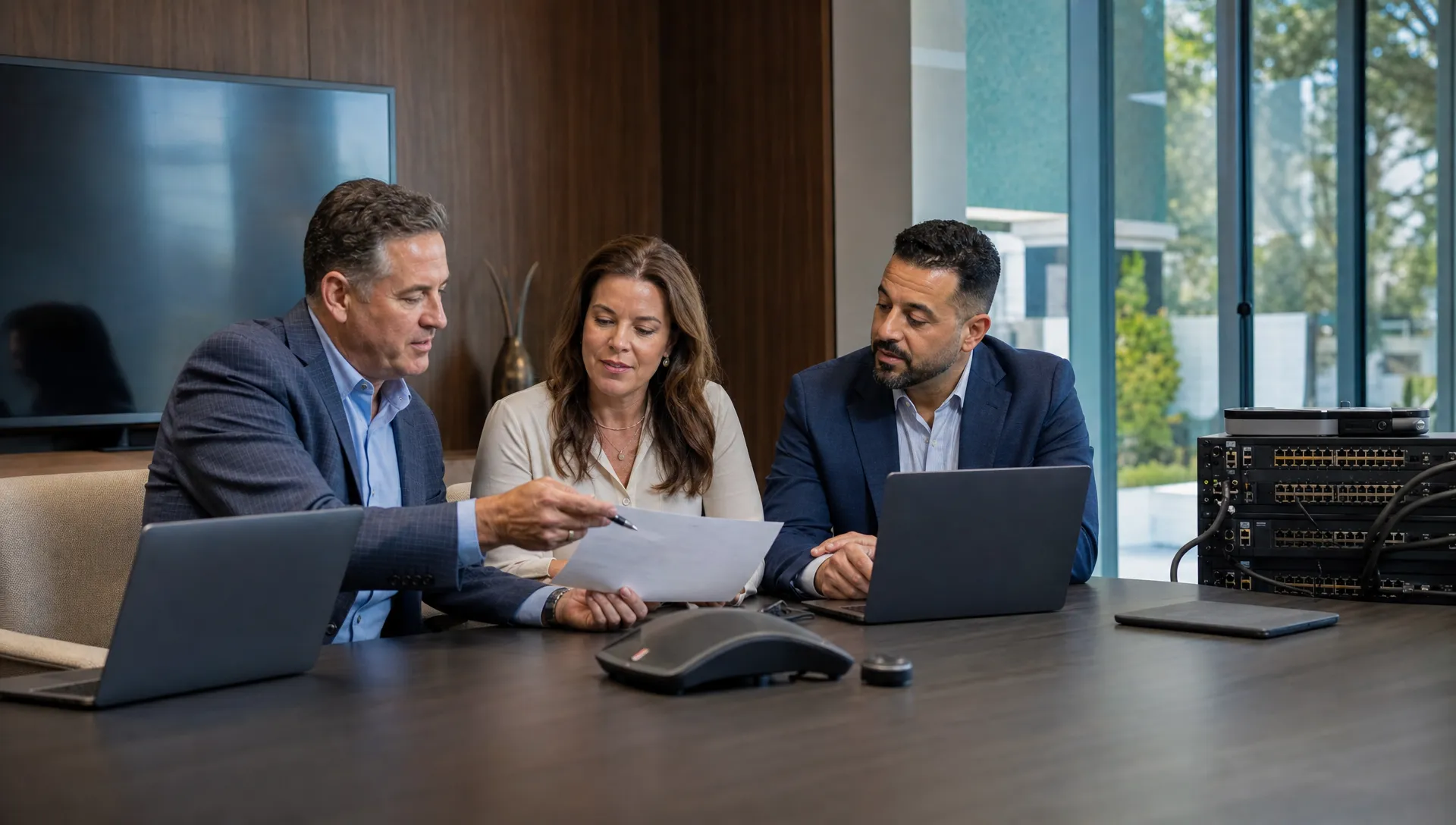 A Southern California business owner and office manager review an IT budget with a consultant in a modern conference room, with laptops and network equipment beside them.
