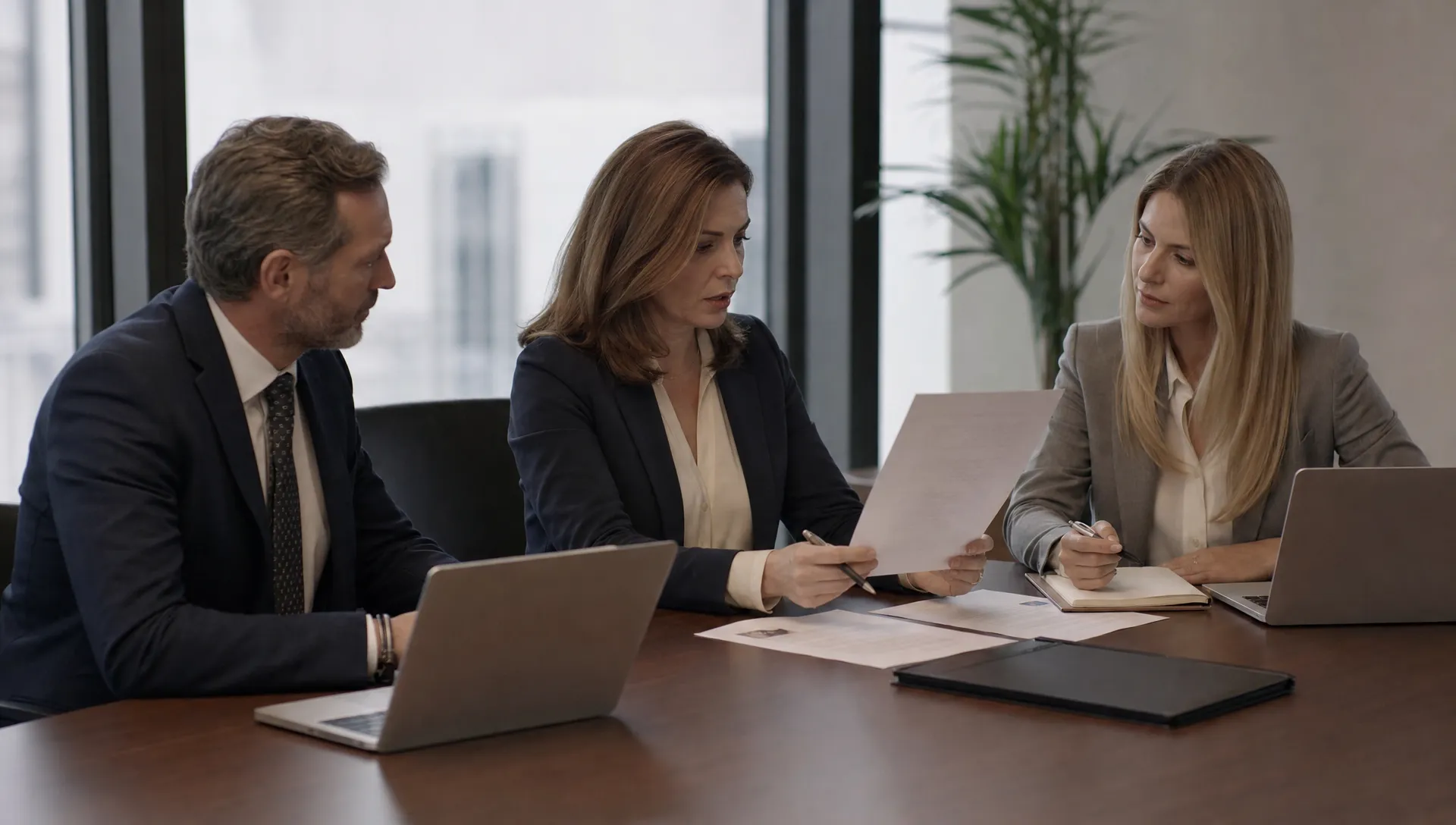 Business leaders and an office manager review an AI use policy in a modern conference room with laptops and printed pages on the table.