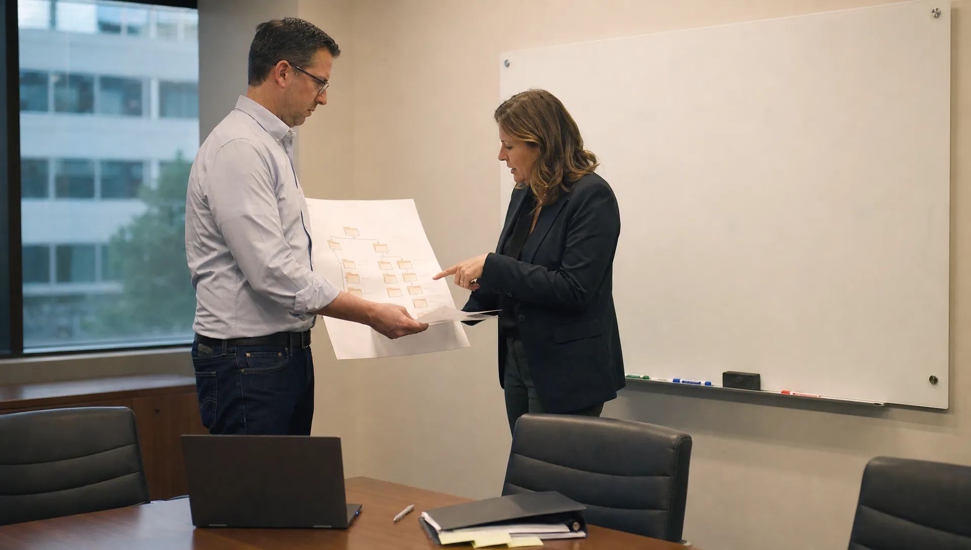 Business owners and office managers review SharePoint migration plans beside a blank whiteboard and printed folder map in a conference room.