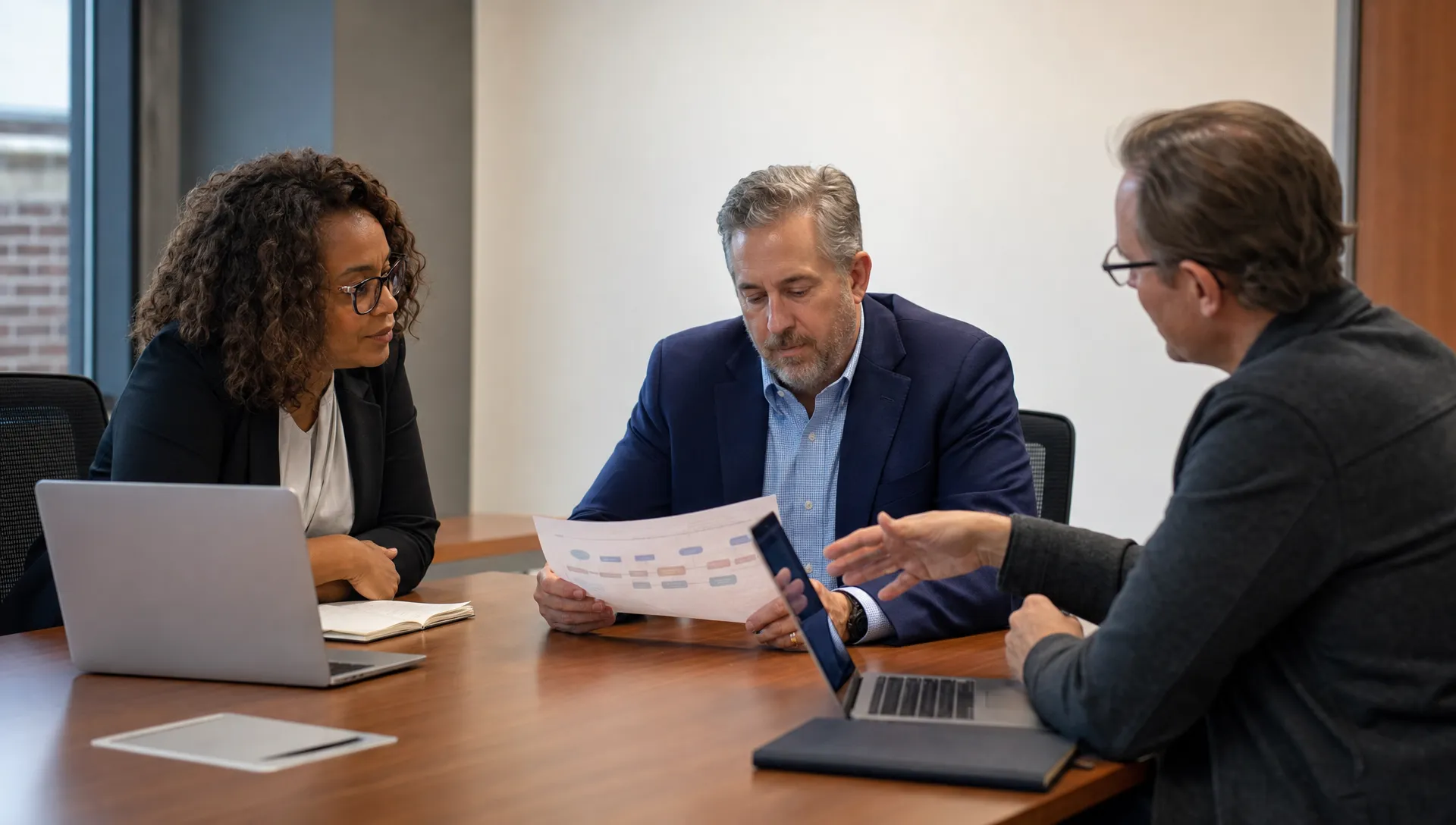A nonprofit executive director and operations manager meet with an IT consultant in a conference room, reviewing a printed technology plan beside laptops and a notebook.