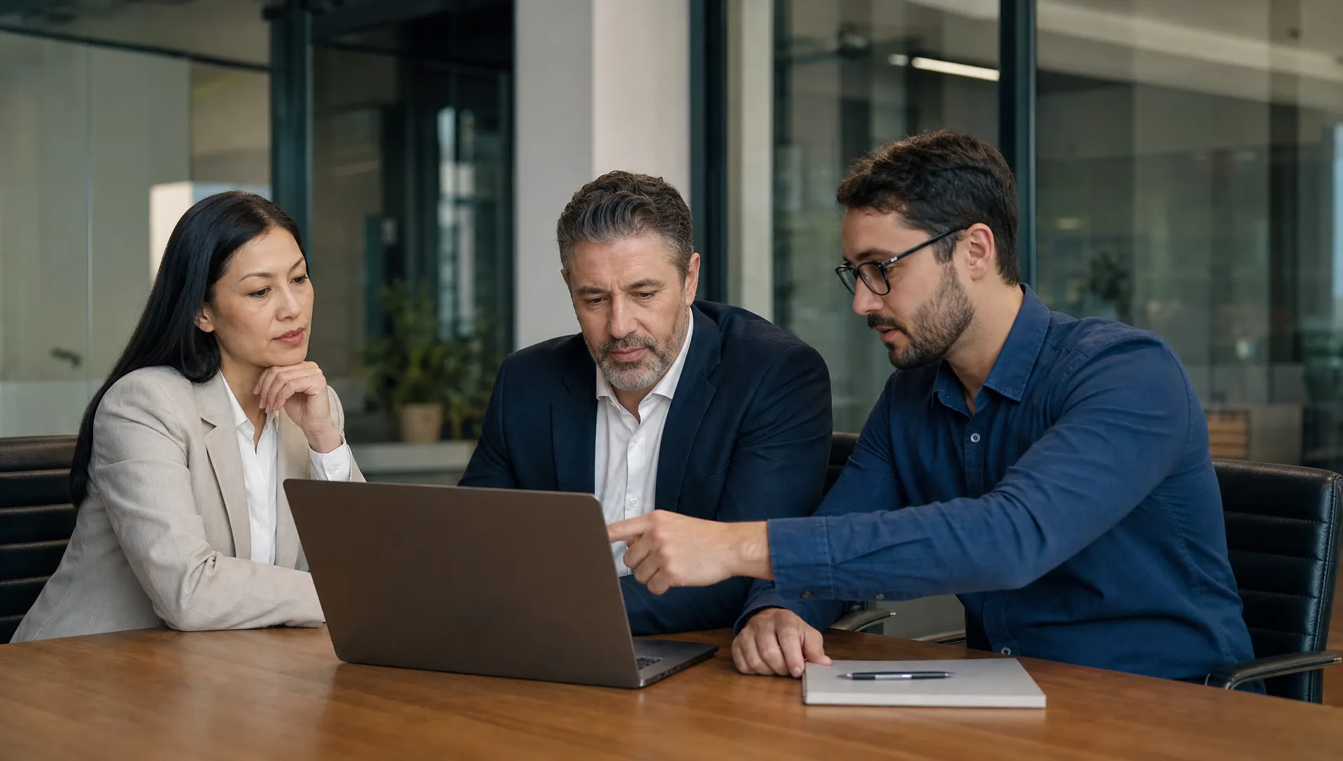 A business owner, office manager, and IT consultant review an employee offboarding checklist on a laptop in a conference room.