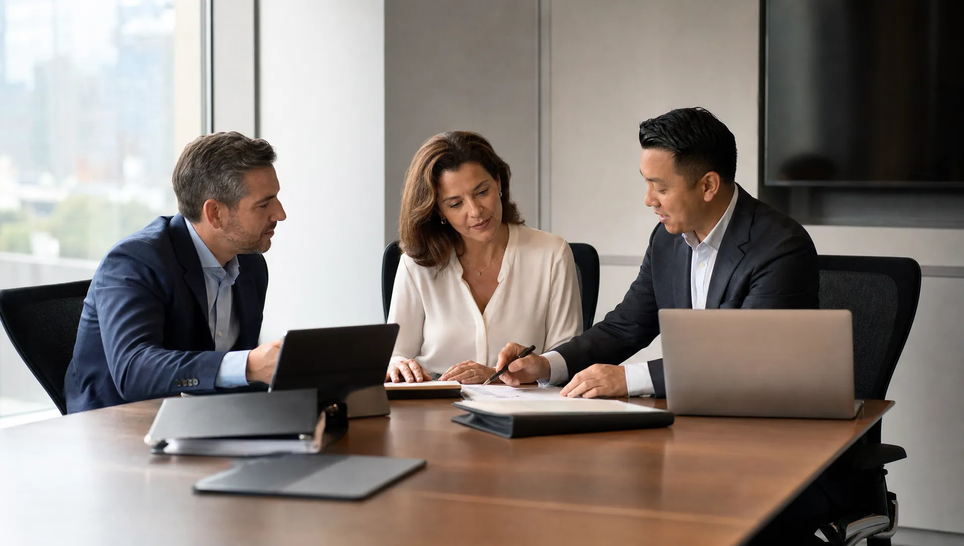 Business owners and an IT consultant review a Microsoft 365 migration plan in a bright conference room with laptops and folders on the table.