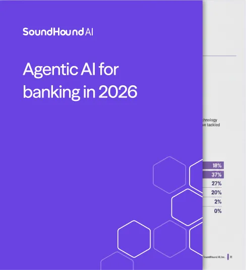 Purple cover page titled 'Agentic AI for banking in 2026' by SoundHound AI with hexagonal patterns.