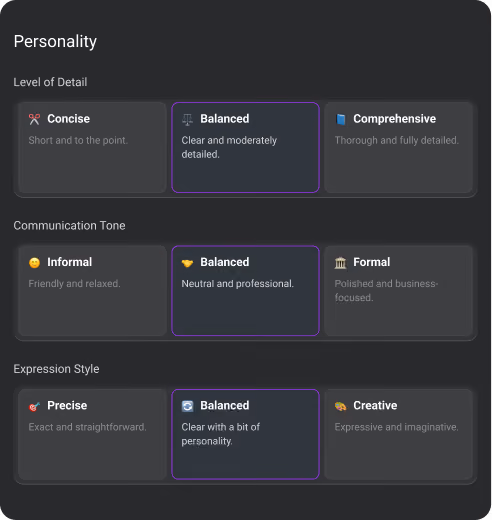 Personality settings showing options for level of detail, communication tone, and expression style with balanced selections.