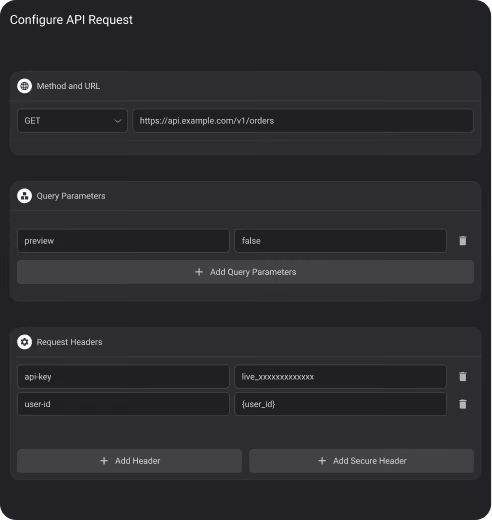 API request configuration interface showing GET method, URL, query parameters, and headers fields.