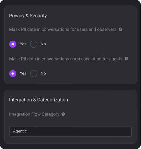 Settings UI with Privacy & Security toggles enabled and Integration Flow category set to Agentic.