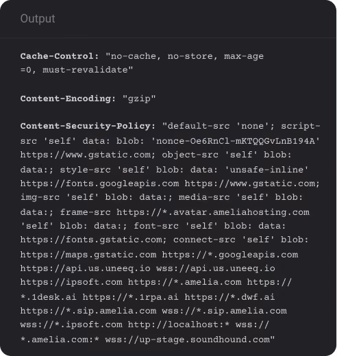 Code snippet showing HTTP headers for cache control, content encoding, and content security policy.