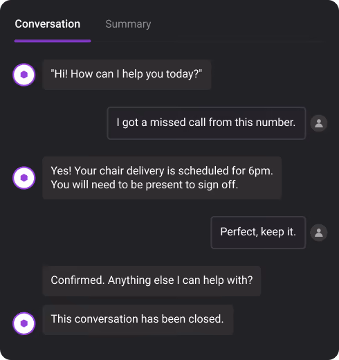 Chat showing chair delivery scheduled for 6pm, requiring presence to sign off, then conversation closed.