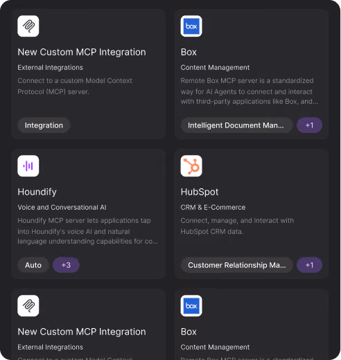Interface showing integration options: New Custom MCP, Box, Houndify, and HubSpot with brief descriptions.