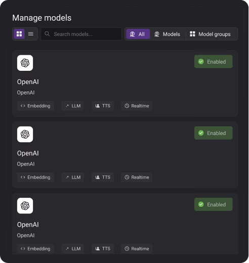 Dark interface showing three enabled OpenAI models with embedding, LLM, TTS, and realtime features.
