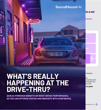 Car at a drive-thru with SoundHound AI logo and text about AI insights improving drive-thru performance.
