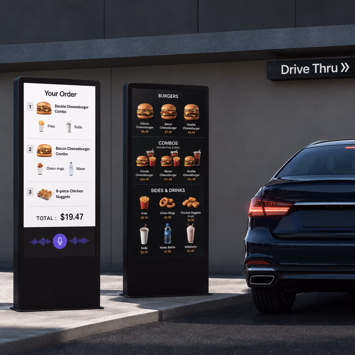 Drive-thru menu boards showing burgers, combos, sides, drinks, and an order summary next to a black car.