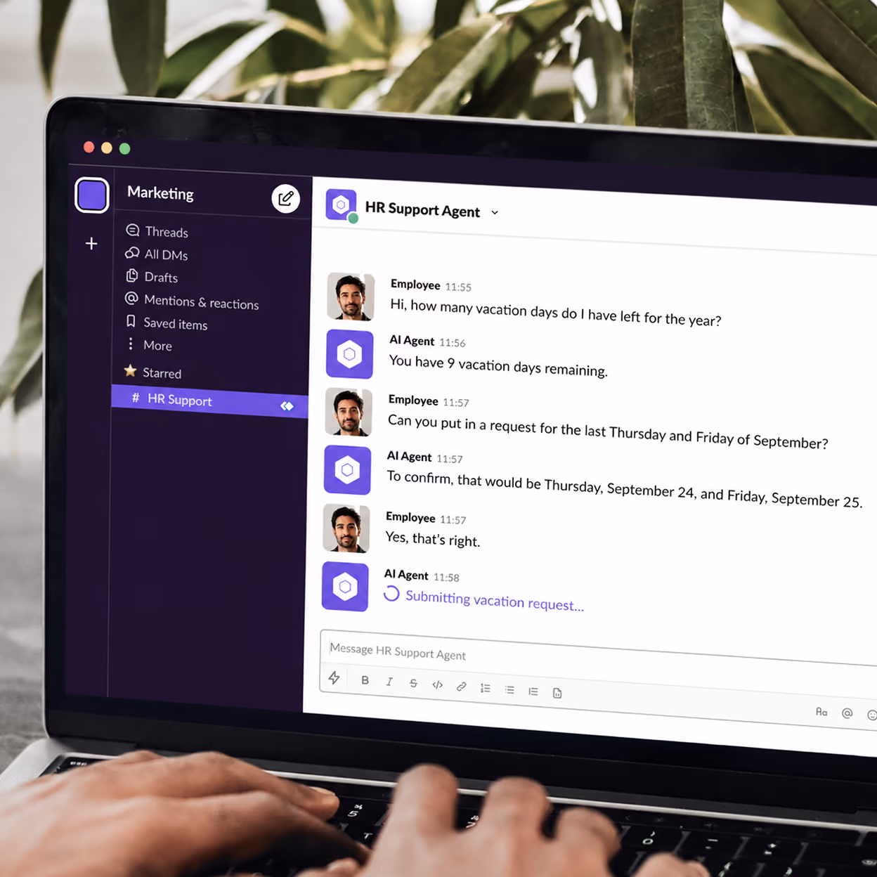 Laptop screen shows a chat between employee and AI agent about submitting vacation requests.
