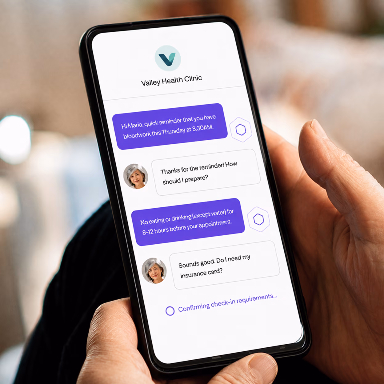 Phone screen shows chat with Valley Health Clinic about bloodwork reminder and preparation instructions.