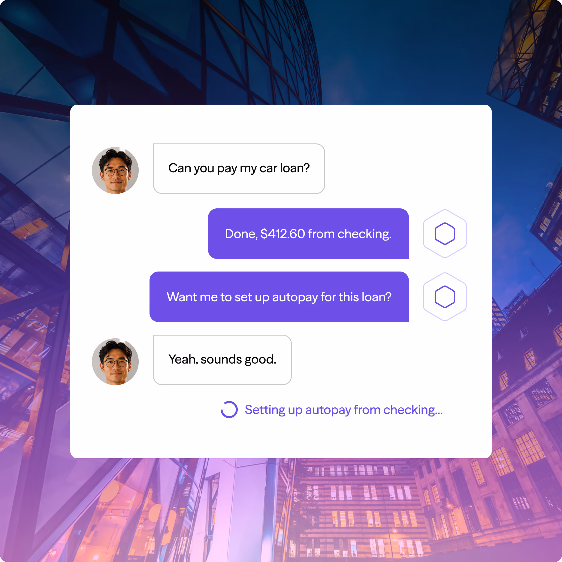 Chat interface where user asks to pay car loan, confirms payment, and sets up autopay from checking account.