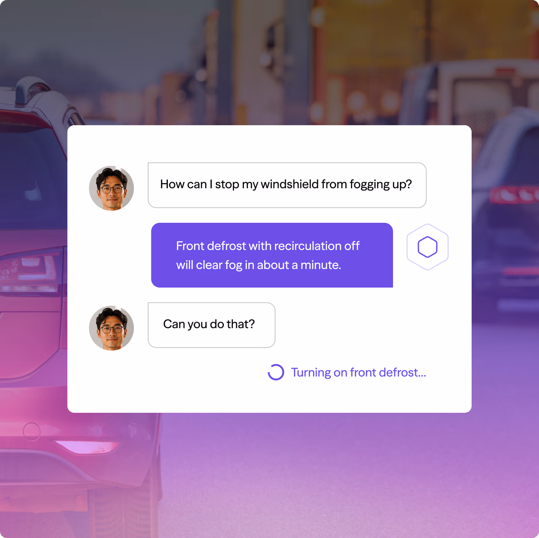Chat showing a man asking how to stop windshield fogging with a response about front defrost and recirculation off.
