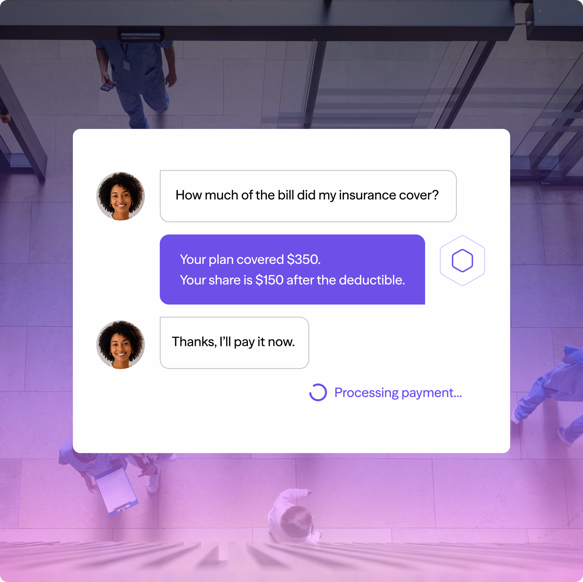 Chat interface showing a user asking about insurance coverage and payment processing in healthcare.