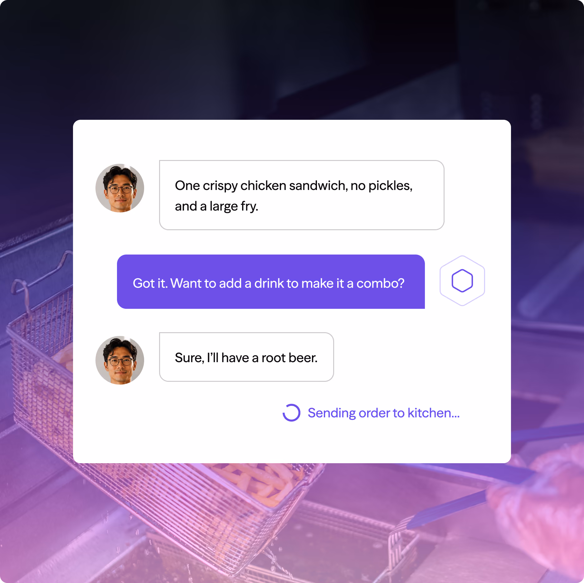 Chat interface with a customer ordering a chicken sandwich, fries, and a root beer drink in a restaurant.