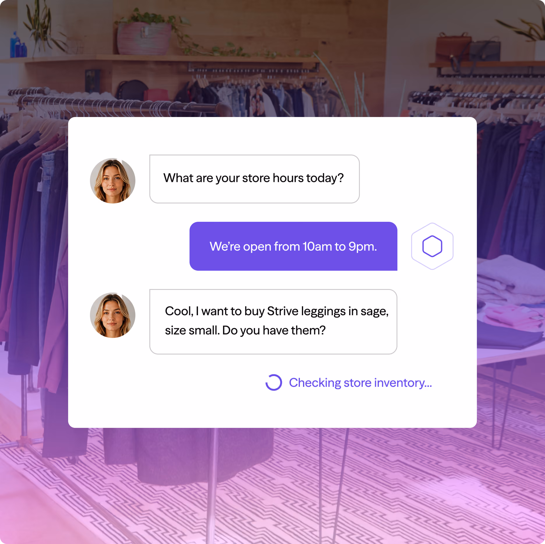 Chat window shows customer asking store hours and item availability while system checks inventory.
