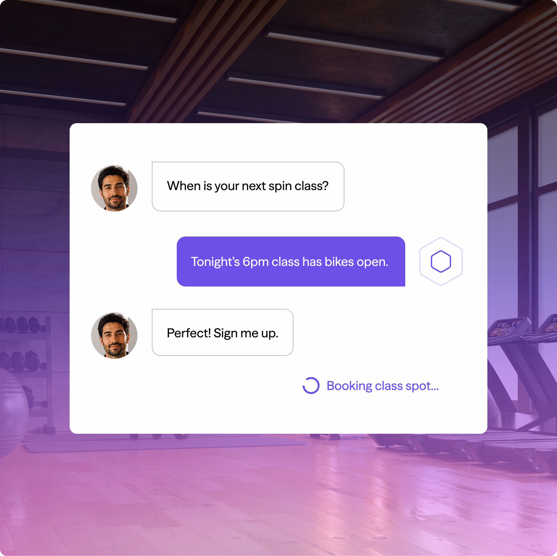 Chat interface showing a conversation about booking a 6pm spin class with bikes available.