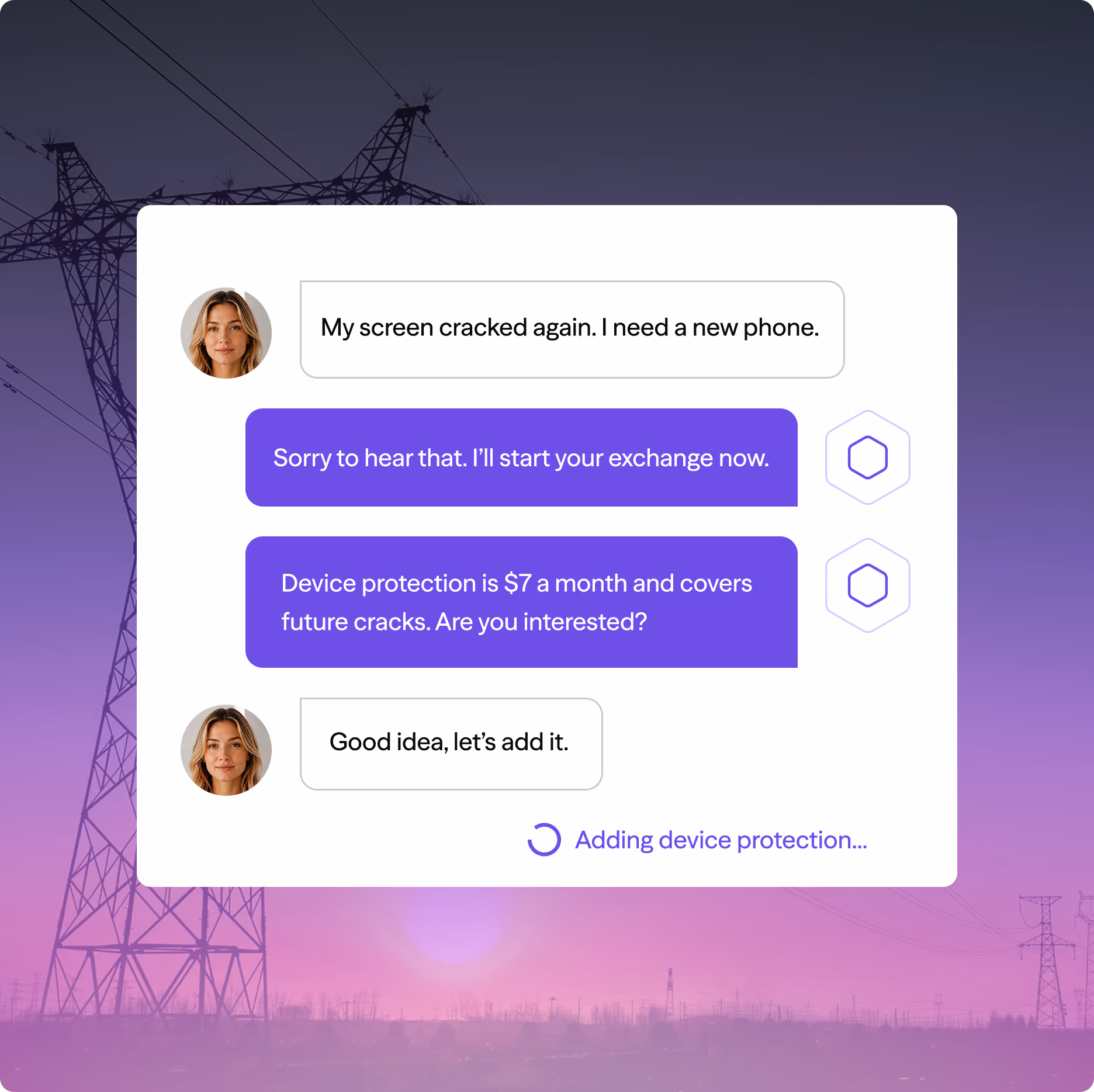 Chat conversation about cracked phone screen and adding $7 a month device protection service.