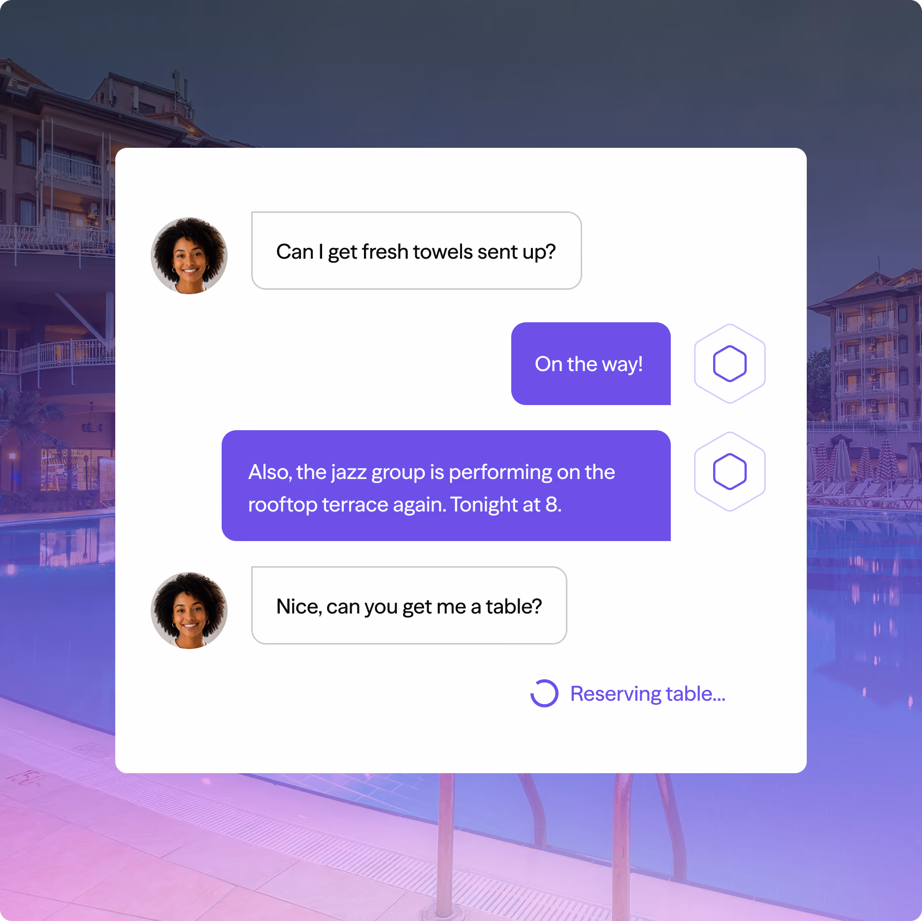 Chat interface with guest requesting towels and table reservation, staff confirming service and jazz event details.