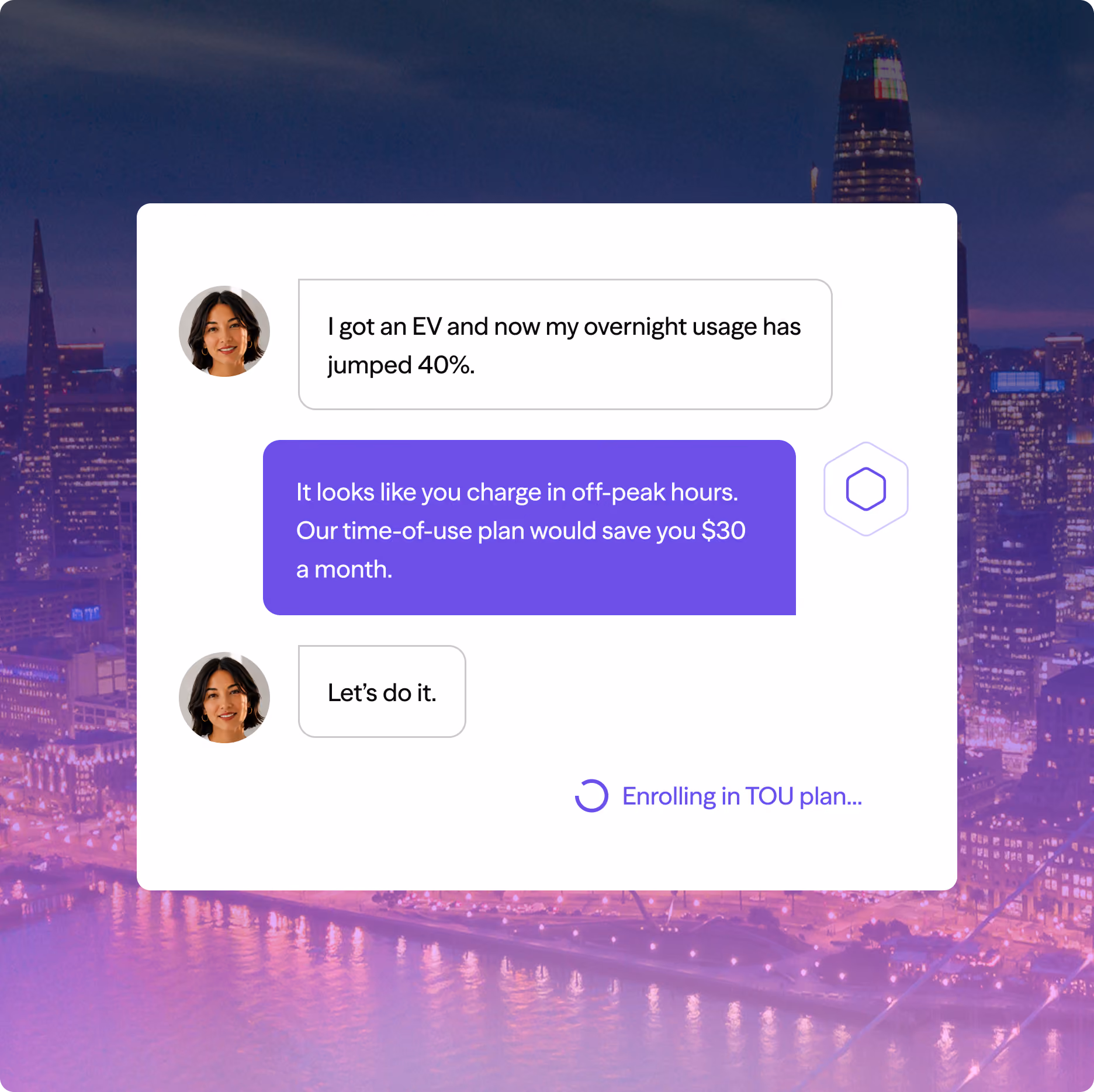 Chat about electric vehicle use and saving money with a time-of-use electricity plan.