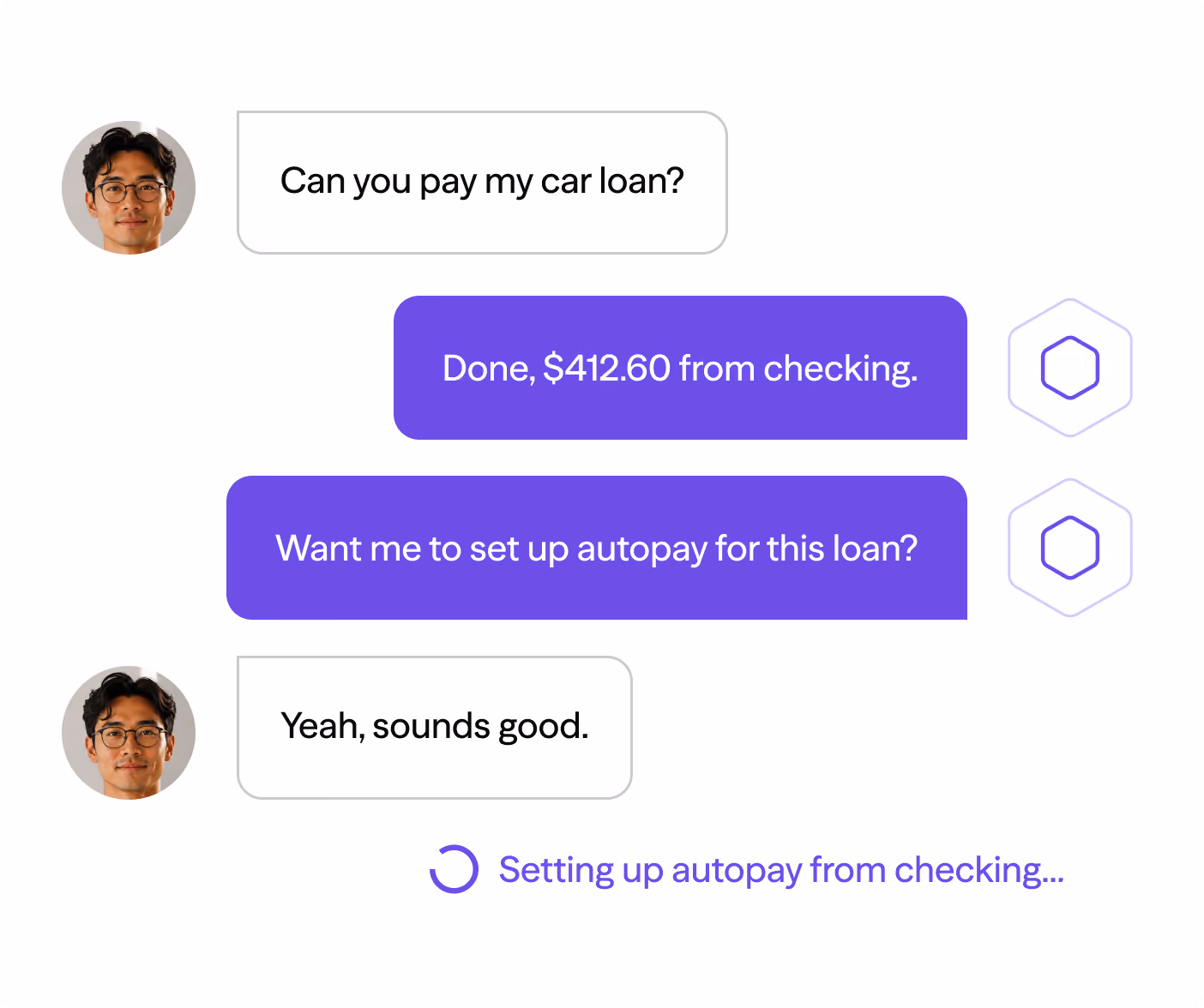 Chat with a person making a car loan payment and confirming autopay setup with automated assistant.
